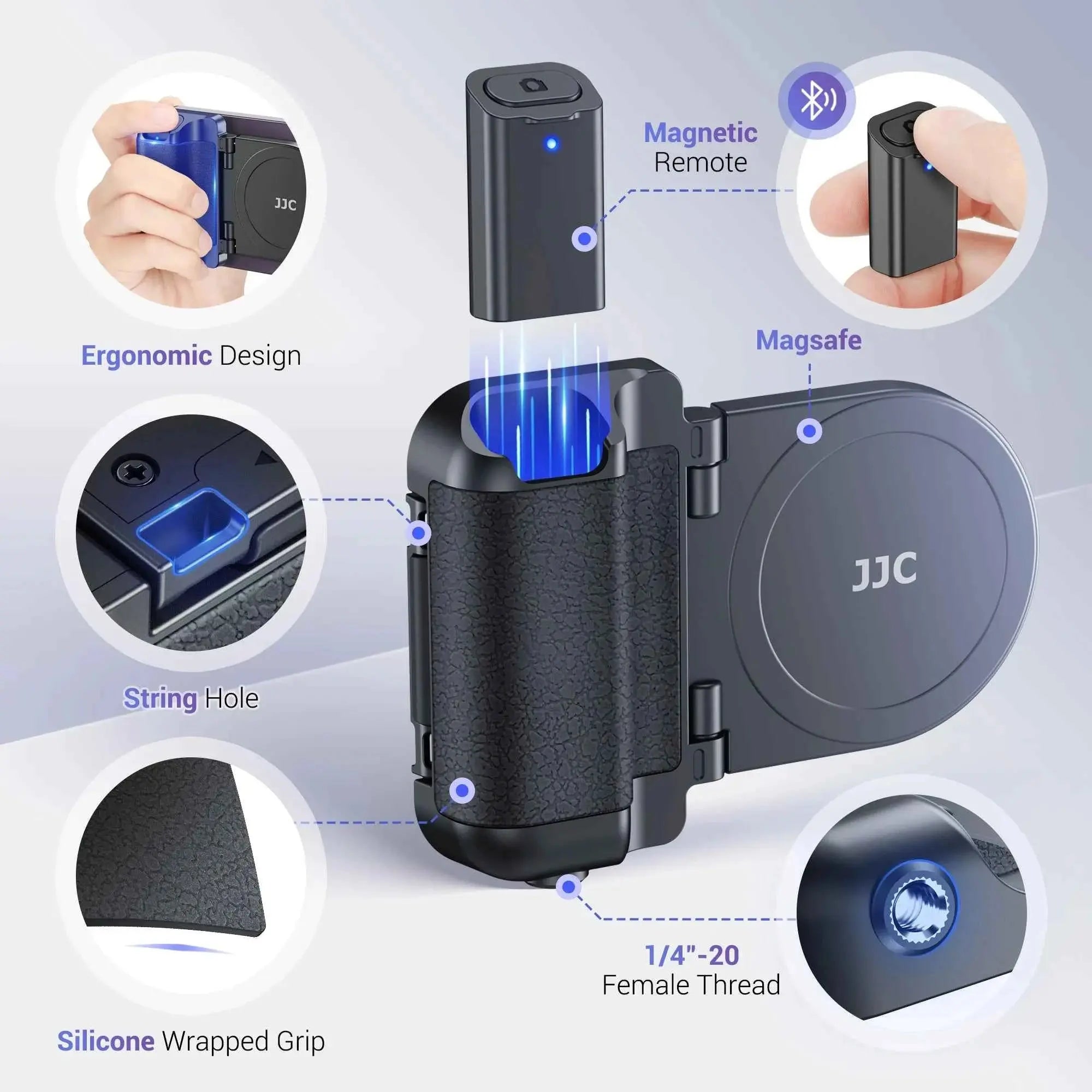JJC Magnetic Phone Handle Grip Bluetooth Remote Control Handle with Selfie Light iphone Video Vlog Photo Shooting Acccessories