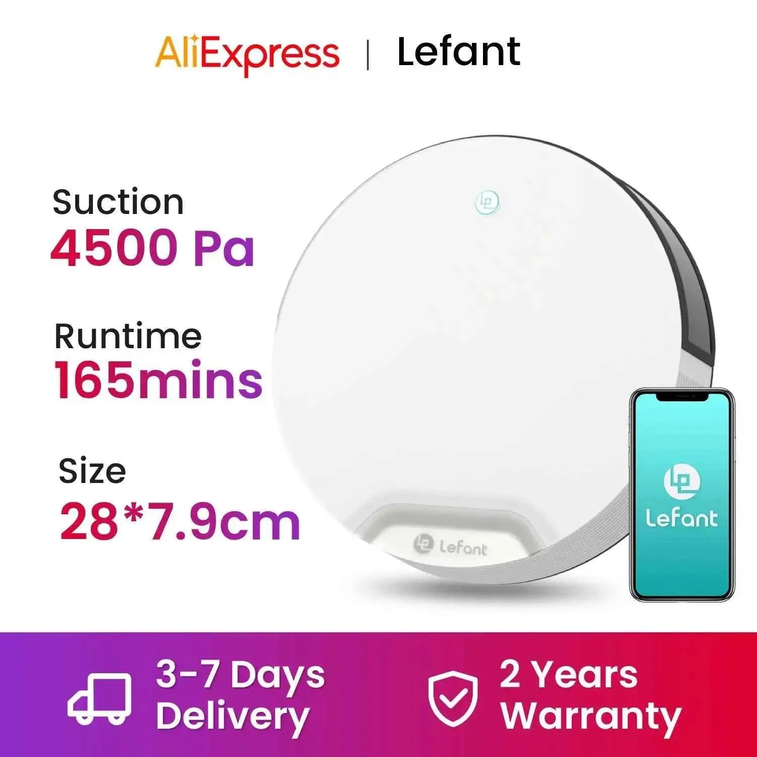 LEFANT N1 Robot Vacuum Cleaner, Suction Power 4500PA, Up to 165 Minutes of Autonomy, 4 Cleaning Modes, Ideal for Animal Hair
