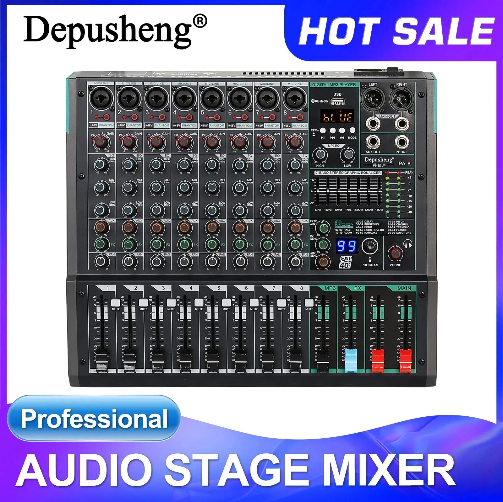 Professional Audio Mixer Depusheng PA8 8 Channel Sound Board Console DJ Mixing Desk System Interface Built-in 99 Reverb Effect - ItalyTech