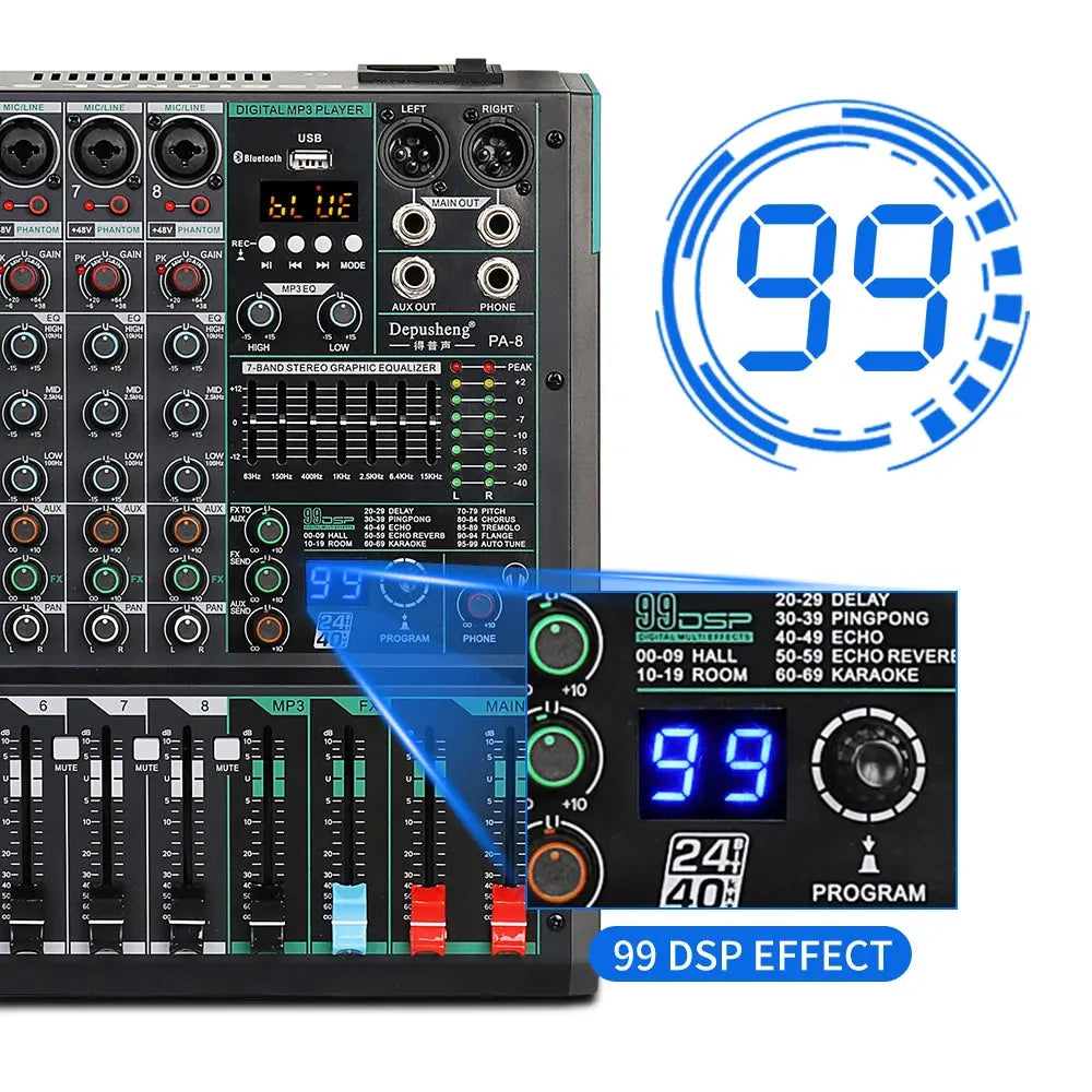 Professional Audio Mixer Depusheng PA8 8 Channel Sound Board Console DJ Mixing Desk System Interface Built-in 99 Reverb Effect - ItalyTech
