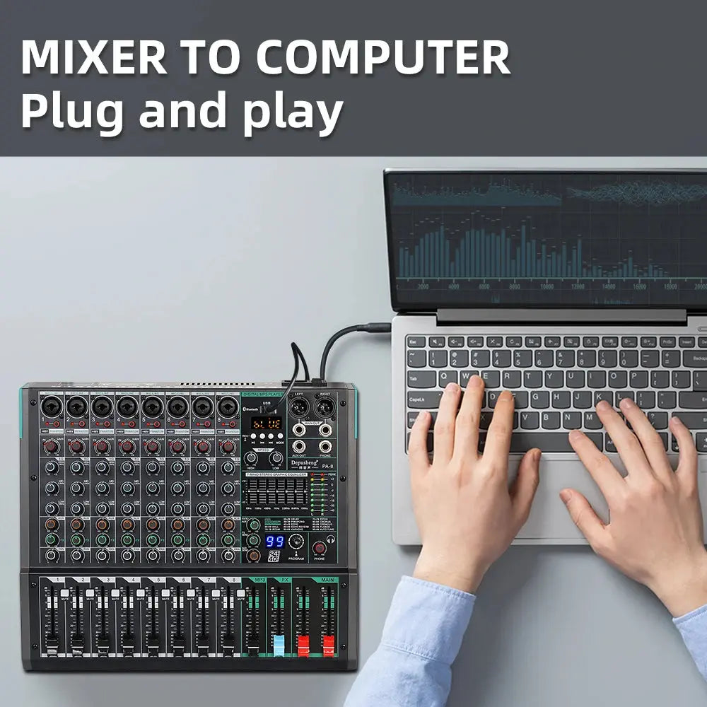 Professional Audio Mixer Depusheng PA8 8 Channel Sound Board Console DJ Mixing Desk System Interface Built-in 99 Reverb Effect - ItalyTech