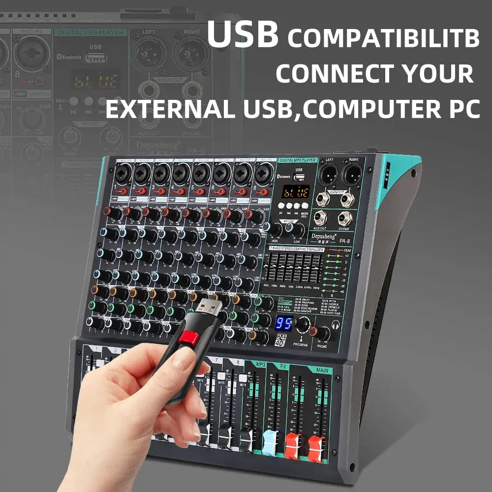 Professional Audio Mixer Depusheng PA8 8 Channel Sound Board Console DJ Mixing Desk System Interface Built-in 99 Reverb Effect - ItalyTech