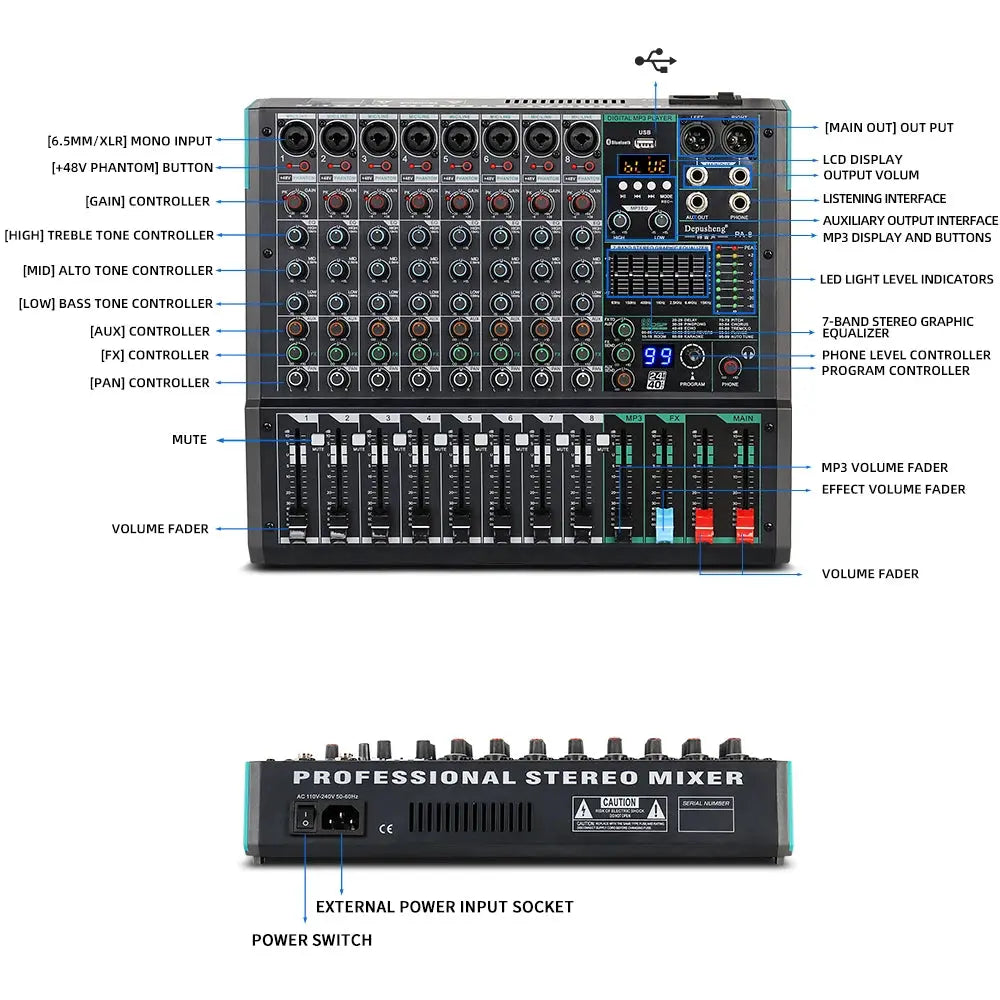 Professional Audio Mixer Depusheng PA8 8 Channel Sound Board Console DJ Mixing Desk System Interface Built-in 99 Reverb Effect - ItalyTech