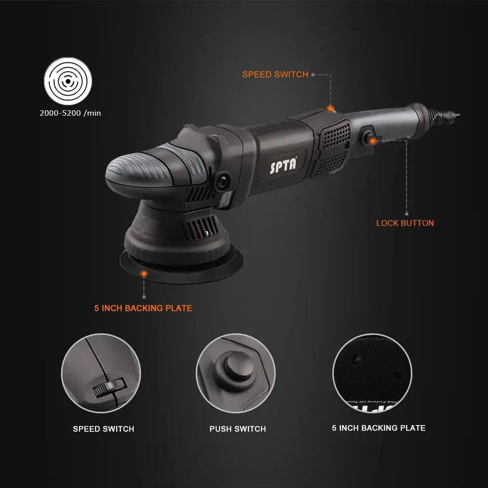 SPTA 5 Inch 780W Dual Action Car Polisher Auto Orbit 15mm Polishing Machine with Sponge Pads Accessories for Vehicle Buffing - ItalyTech