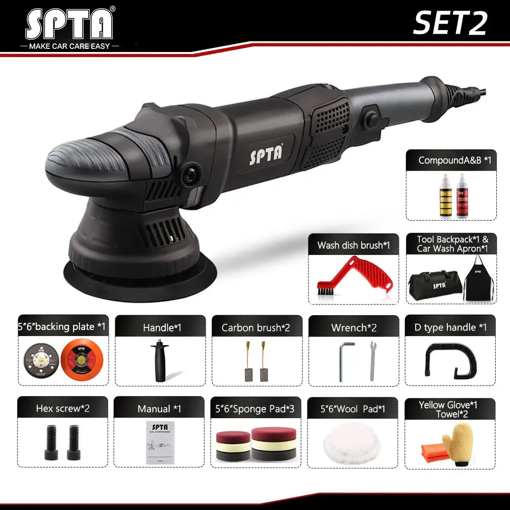 SPTA 5 Inch 780W Dual Action Car Polisher Auto Orbit 15mm Polishing Machine with Sponge Pads Accessories for Vehicle Buffing - ItalyTech