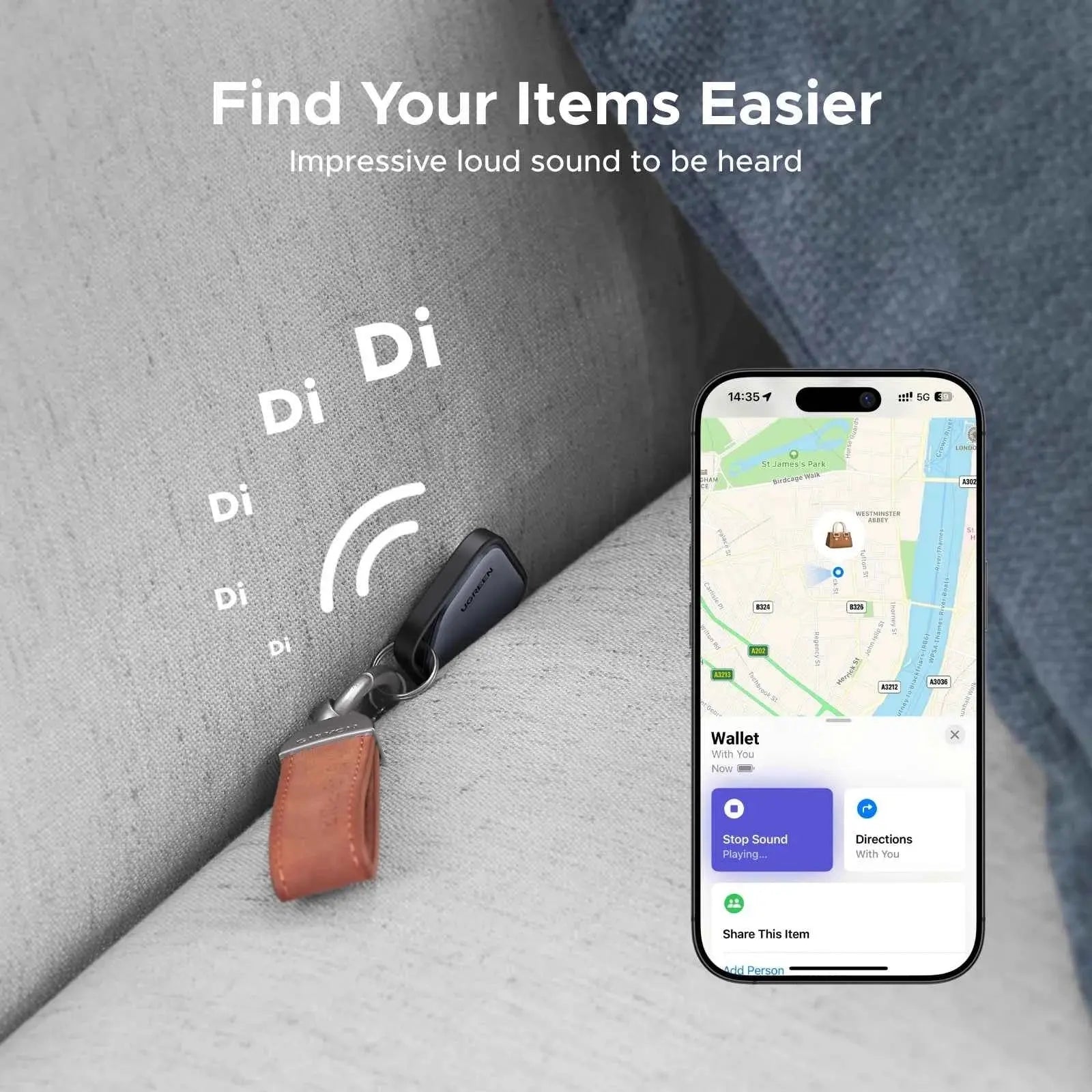 UGREEN FineTrack Smart Finder Compatible with Apple Find My (iOS Only) Bluetooth Tracker Tags, Item Finder Smart Tag for Key Car