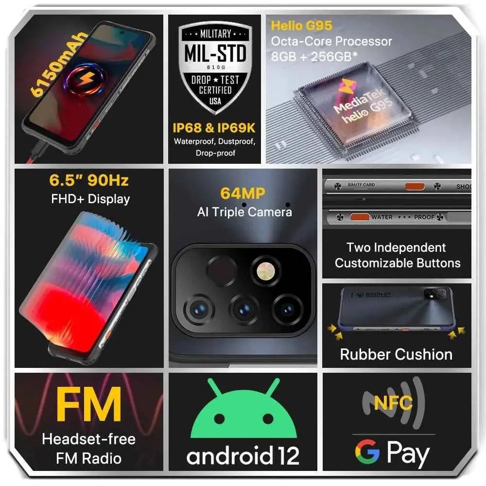 UMIDIGI BISON GT2 PRO Android Rugged Smartphone Helio G95 6.5" FHD+ 90Hz NFC 64MP Camera 6150mAh Battery CellPhone IP68,IP69K